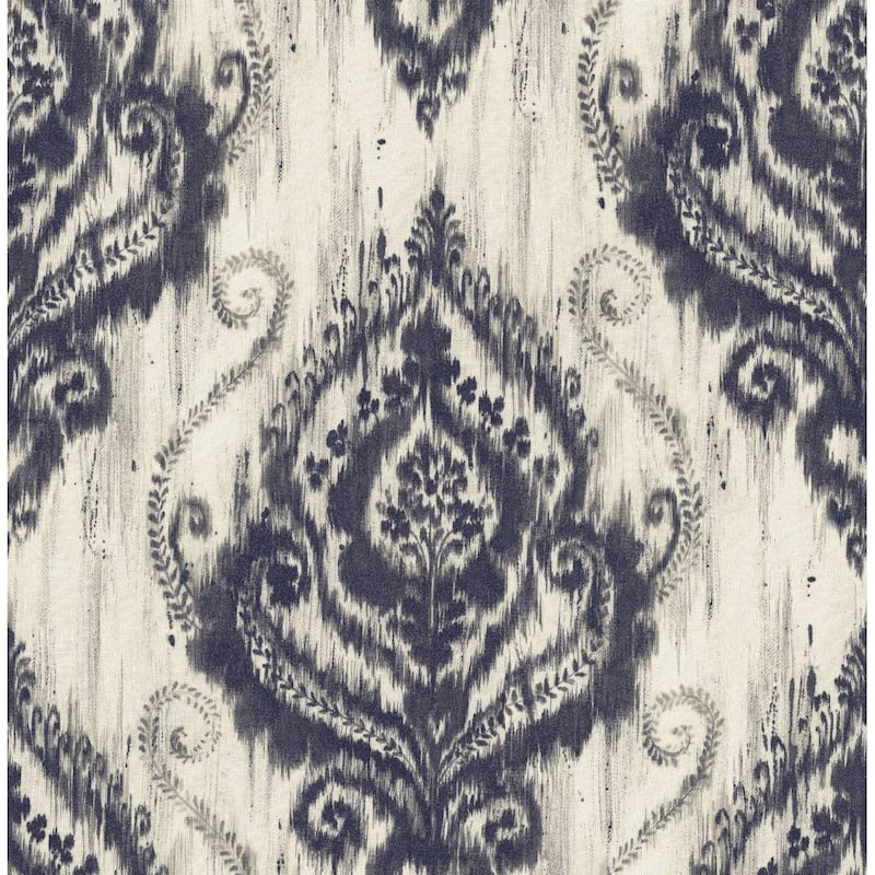 Seabrook Designs Lovette Ikat Damask Unpasted Wallpaper - 20.5 in. W x 33 ft. L - Metallic Midnight