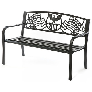 Steel Outdoor Patio Garden Park Seating Bench with Cast Iron "Patriotic American Flag and Eagle" Backrest, Front Porch Bench