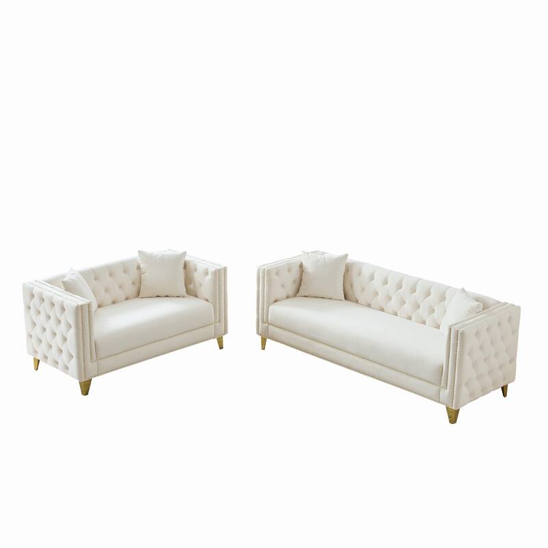 Roomfitters 80" and 58" Modern Tuxedo Sofa and Loveseat Set, Buttoned Back Couch with Gold Legs and Nailhead Trim