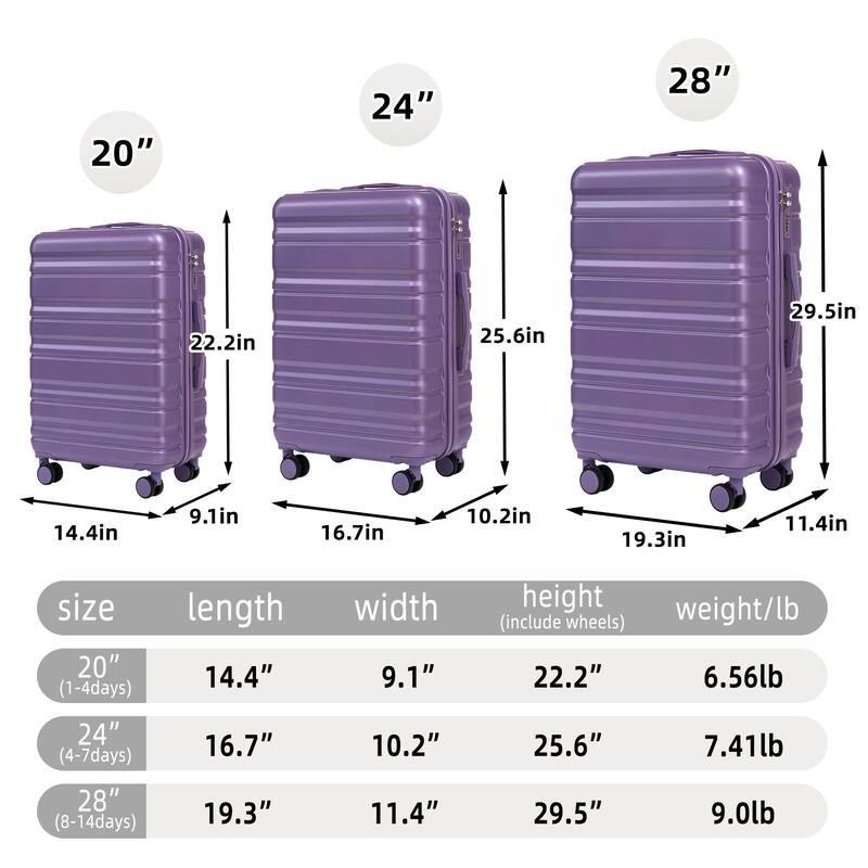 3 pcs/set in ABS Spinner Wheel Luggage, Carry on Suitcase, Matching Color, Combination Lock (Purple)