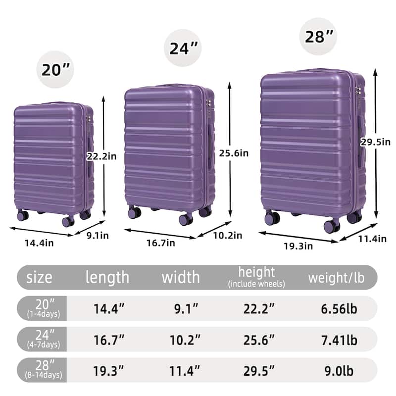 3PCS ABS Carry on Suitcase with Combination Lock