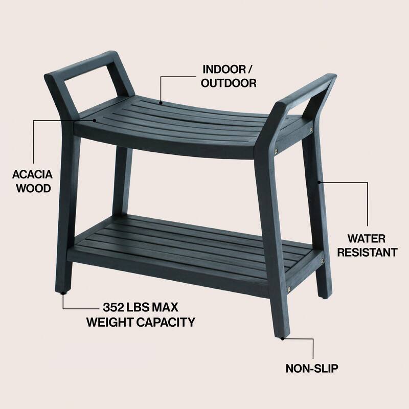 Orla 25.6" Slatted Solid Acacia Wood Indoor/Outdoor Shower Bench, Shelf, Handle, By JONATHAN Y - 25.59L x 12.01W x 23.03H