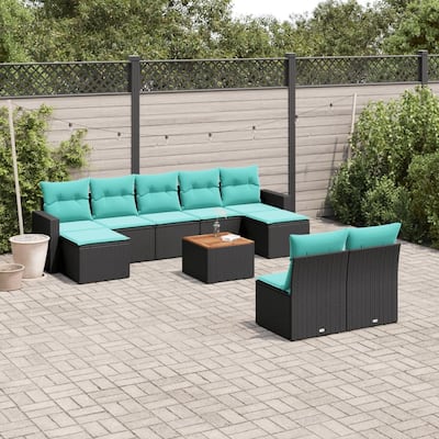 vidaXL 10 Piece Patio Sofa Set with Cushions Black Poly Rattan - 21.7 x 24.4 x 27.2 (W x D x H)