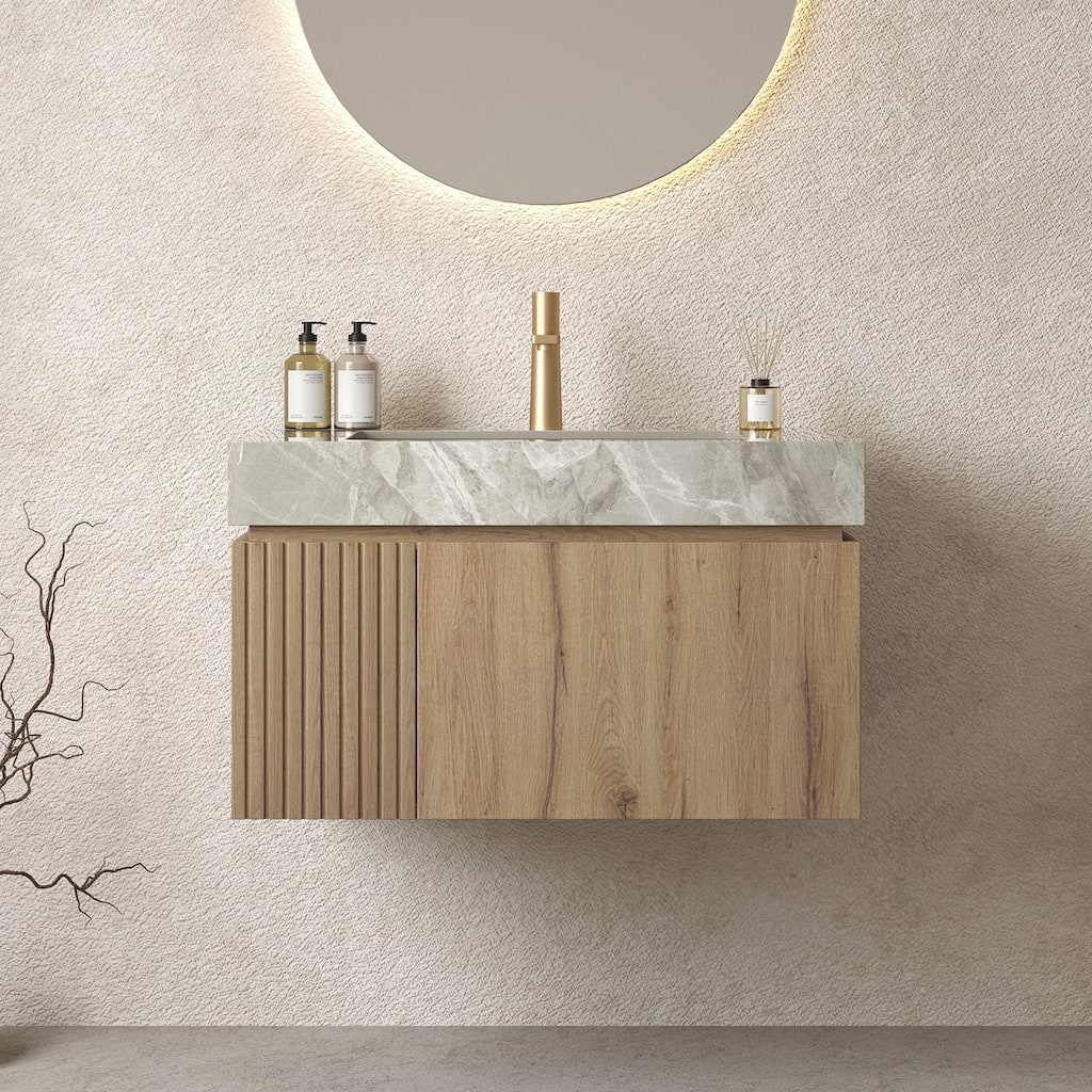 GDFStudio - Muri Modern 30" Floating Bathroom Vanity, Light Gray Sintered Stone Countertop with Ceramic Basin, WITHOUT Faucet