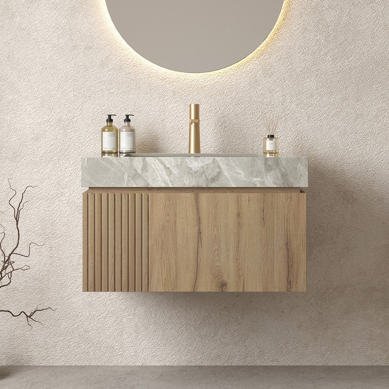 GDFStudio - Muri Modern 30" Floating Bathroom Vanity, Light Gray Sintered Stone Countertop with Ceramic Basin, WITHOUT Faucet - White Oak
