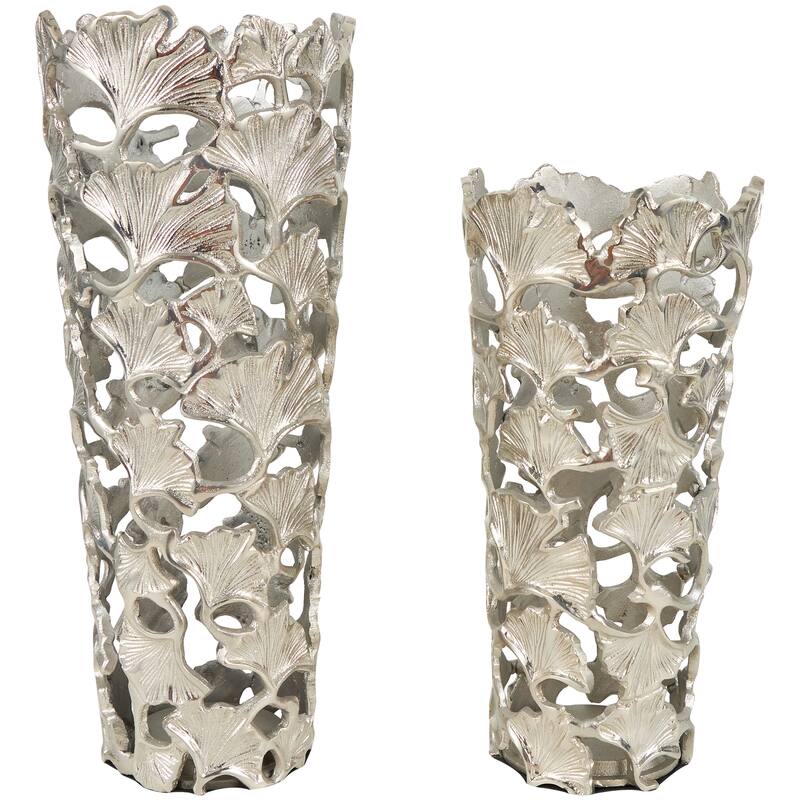 Silver Aluminum Metal Decorative Vase with Ginkgo Leaf Design (Set of 2)