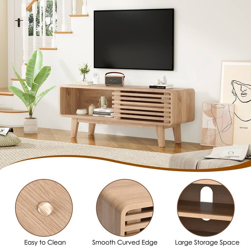 TV Stand for TV Up to 59 Inch, Entertainment Center with Storage Cabinet and Sliding Door, Mid-Modern Century Console Table