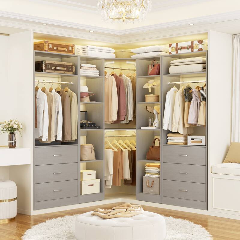 Corner Closet System with 6 Drawers & 4 Hanging Rods,Set of 3,Reversible Walk-in Closet Organizer System with Adjustable Shelves