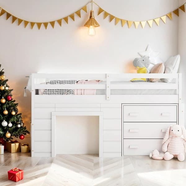 slide 2 of 53, Twin Size Loft Bed with Cabinet and Shelf, White