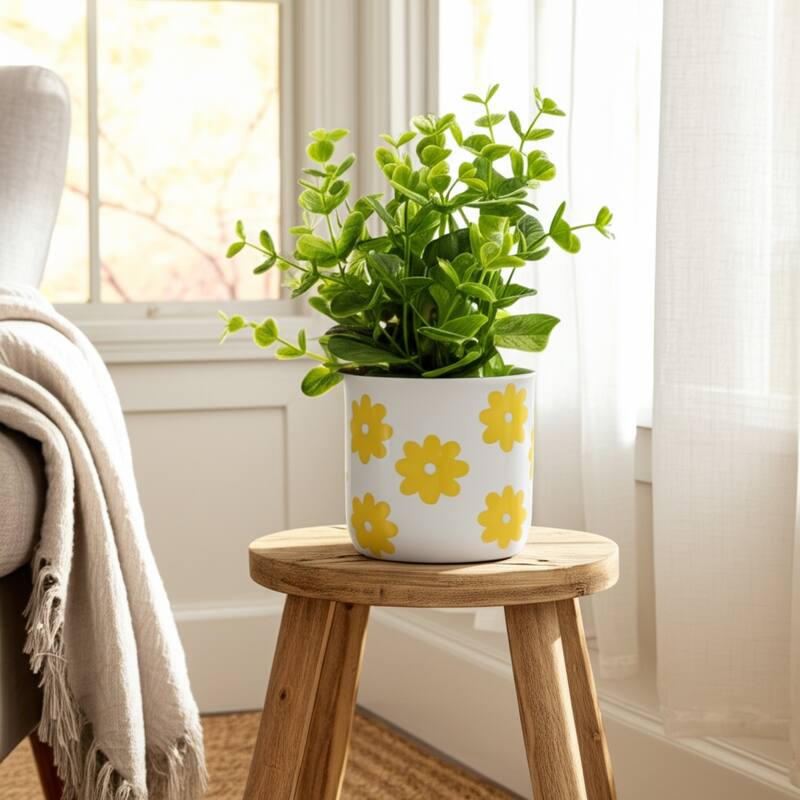 Stoneware Ceramic Planter Raised Floral Design Modern Decorative Pot