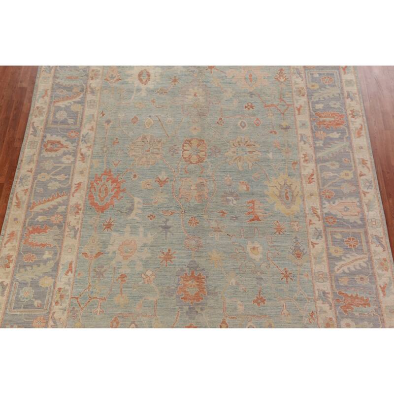 Hand Knotted Oriental 100% Wool Carpet Transitional All-Over Navy Blue & Blues Oushak Area Rug - 12' 2'' X 9' 4''