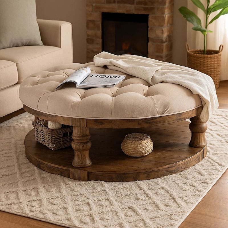 Cushioned Top Wooden Coffee Table with Bottom Shelf, Brown and Beige
