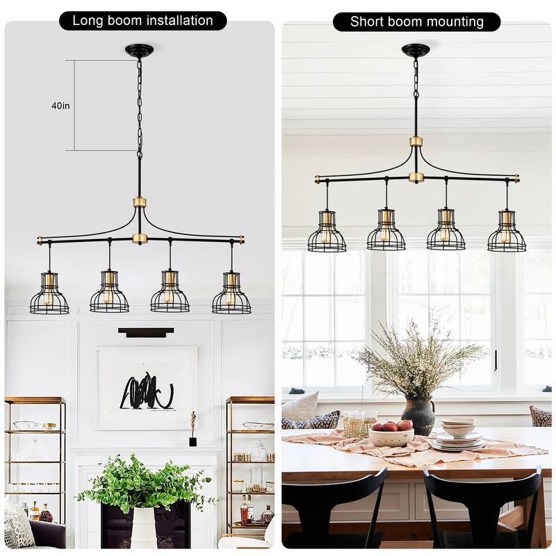 36" Farmhouse Kitchen Island Pendant Light, 4-Light Black Metal & Wood Dining Room Chandelier, Adjustable Height