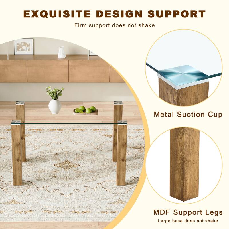 Modern Glass Top Dining Set‌– Tempered Glass Table with Wood Grain MDF Base, Paired with 4 Brown Tech Fabric Chairs