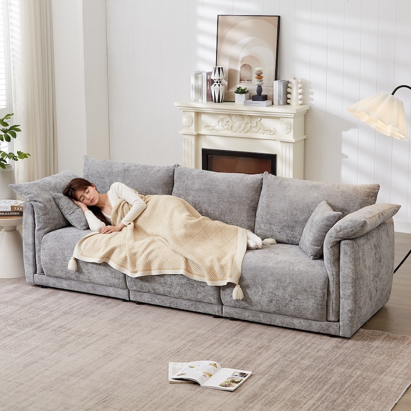 3-Seater Sofa With Unique Design And Soft Arm Pillows Contemporary Style Linen Sofa With 3 Comfortable Cushions With 2 Pillows