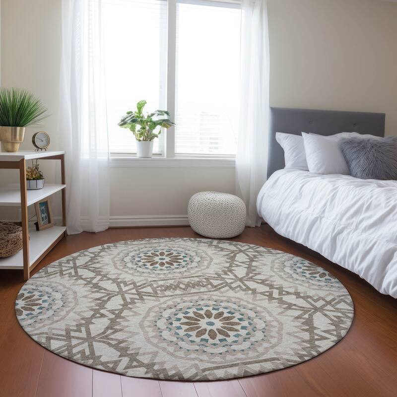 Machine Washable Indoor/ Outdoor Chantille Moroccan Boho Rug - Beige - 8' x 8'