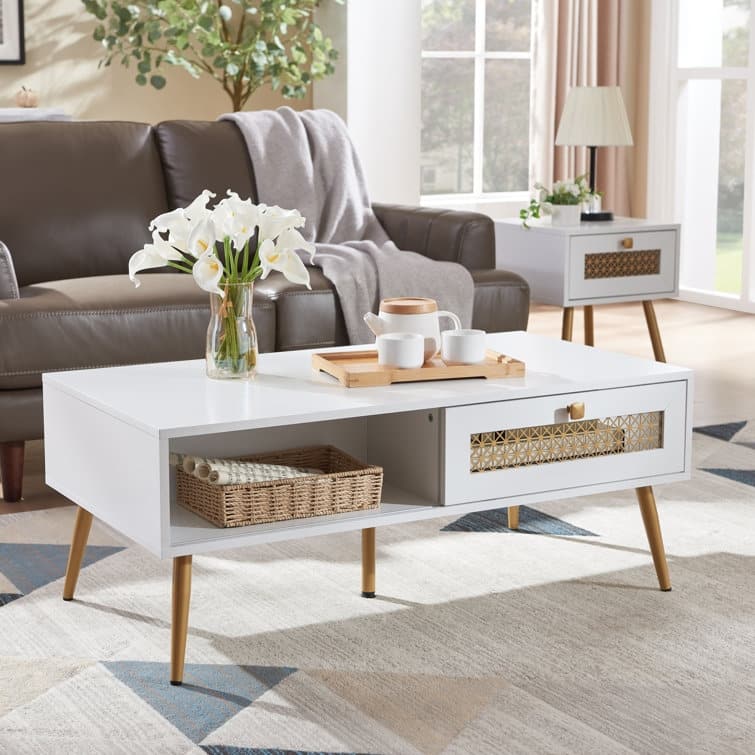 42" W Wood Rectangular Coffee Table with Storage Shelf and Drawer - White
