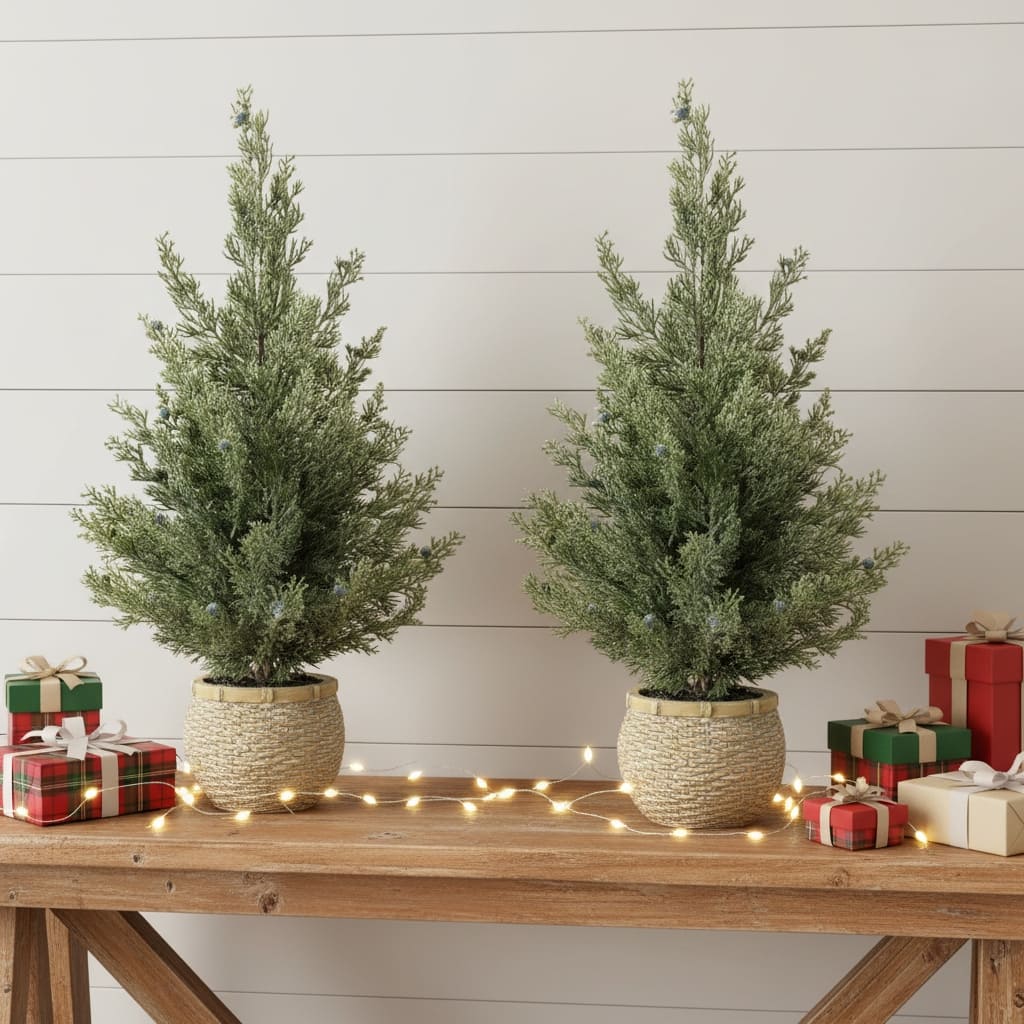 HomeRoots Set of Two 23" Green Artificial Pines In Round Faux Wicker Pots - 12.00 in. x 23.00 in. x 12.00 in.
