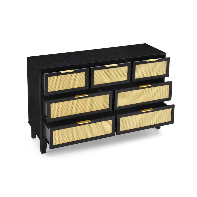 Modern Rattan Dressing Wooden Storage Cabinet with 7 Spacious Drawers, for Bedroom, Living Room and Hallway