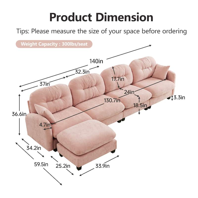 GDF Studio - Kitty Modern Chenille Upholstered Modular Sectional Sofa with Ottoman and Tufted Backrest