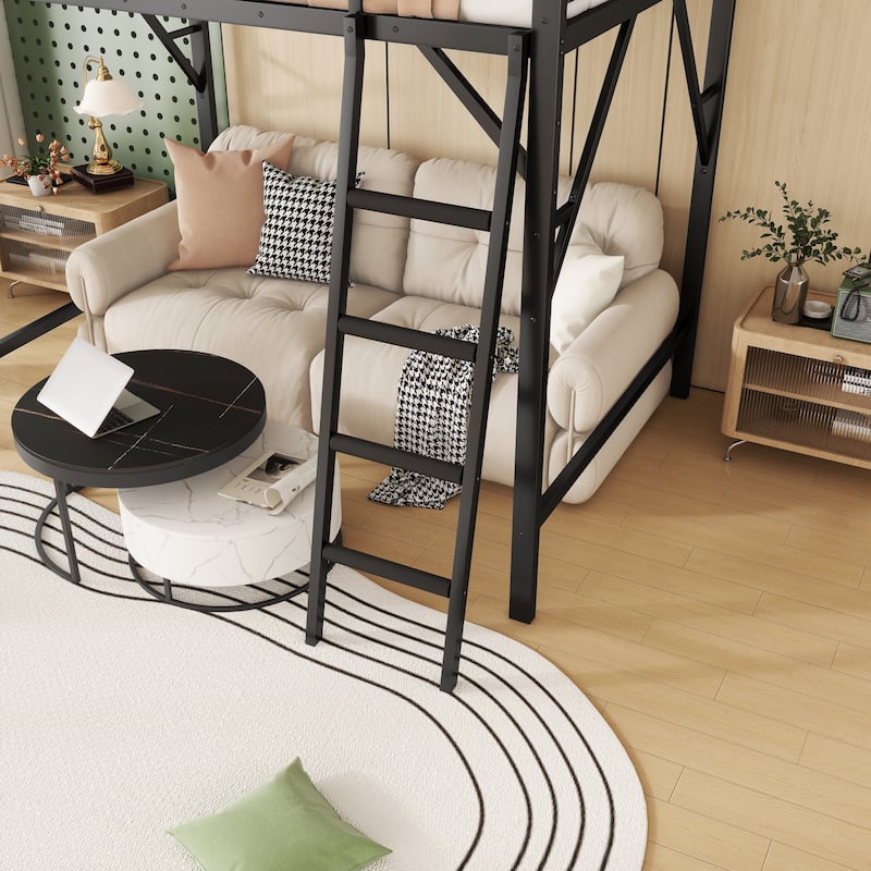 Queen Size Loft Bed with Ladder, Metal Queen Loft Bed with Storage Shelves, High Loft Bed for Kids Teens
