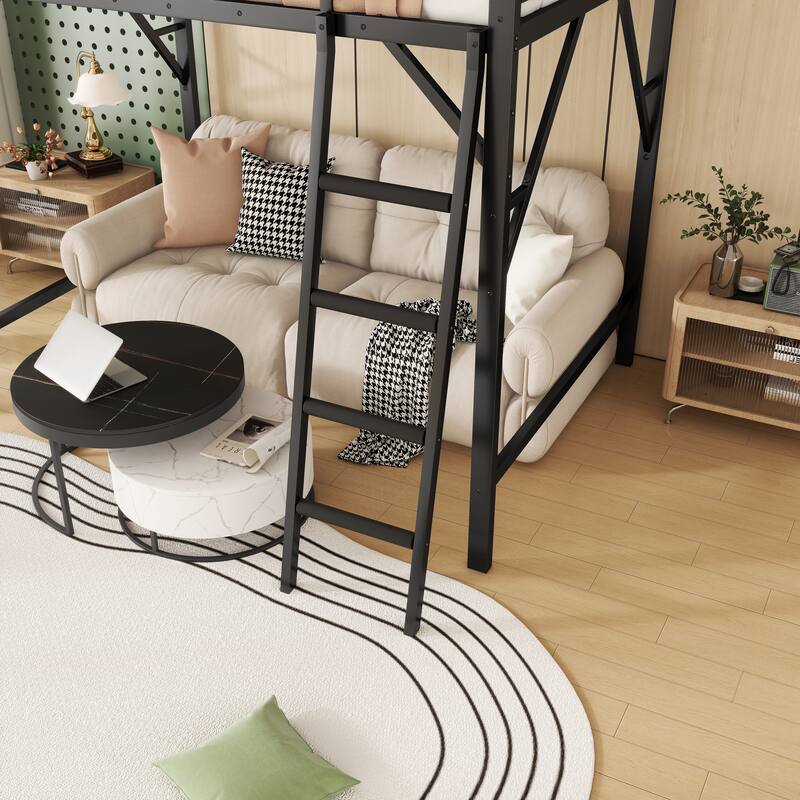 Queen Size Metal Loft Bed with Ladder and Storage Shelves, High Loft Bed Frame for Kids and Teens