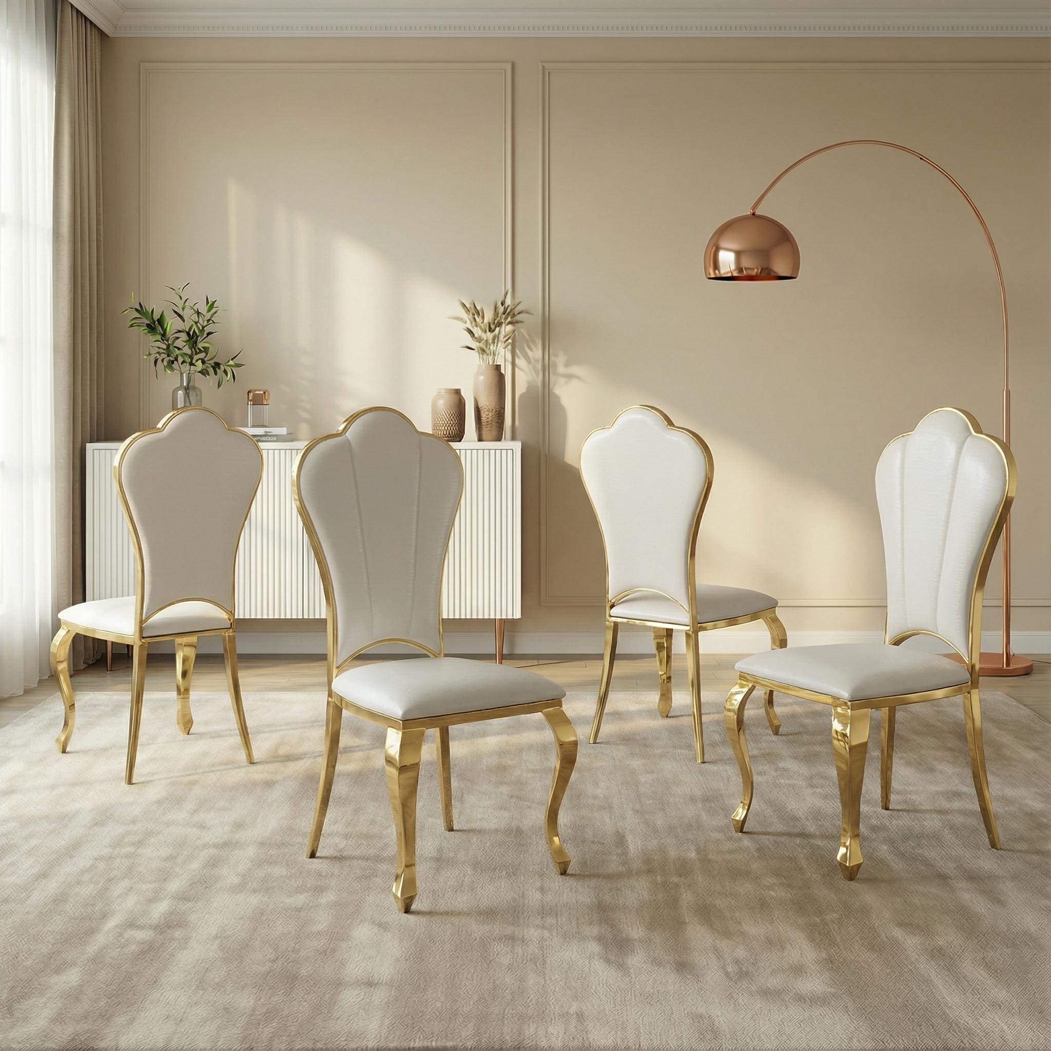 Dining Chairs Set of 4, Modern PU Leather Upholstered Chairs with Gold Stainless Steel Legs, Petal High Back Accent Chairs