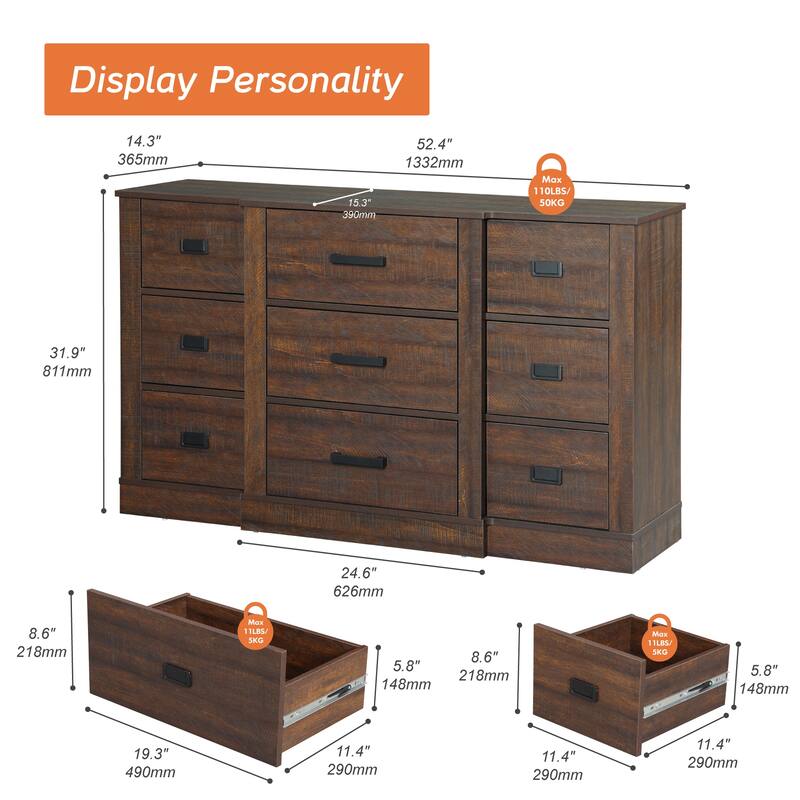 9 Dresser for Bedroom, 52.4" Mid Century Modern Dresser Furniture for Living Room, Hallway