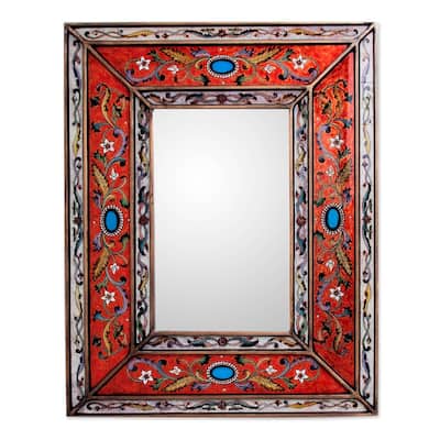 NOVICA Cajamarca Handmade Red Rectangular Floral Baroque Wall Mirror
