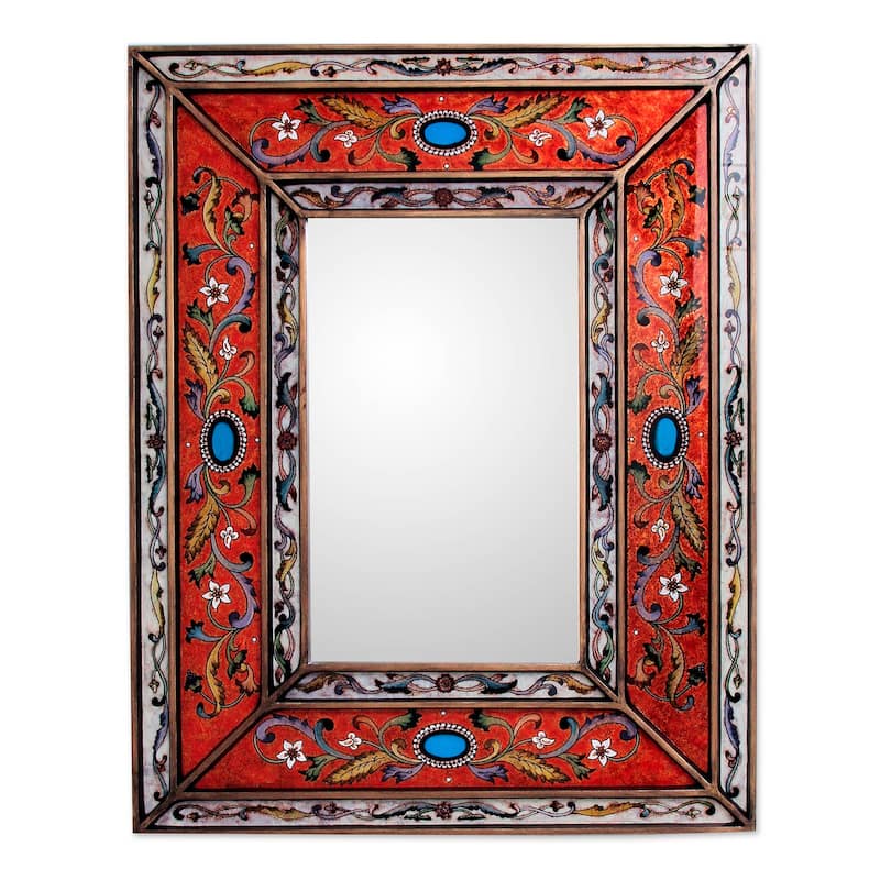 NOVICA Cajamarca Handmade Red Rectangular Floral Baroque Wall Mirror - Red