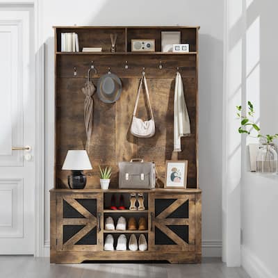 5 in 1 Hall Tree with Storage Bench, Entryway Bench with Coat Rack, Shoe Cubbies, Coat Hooks