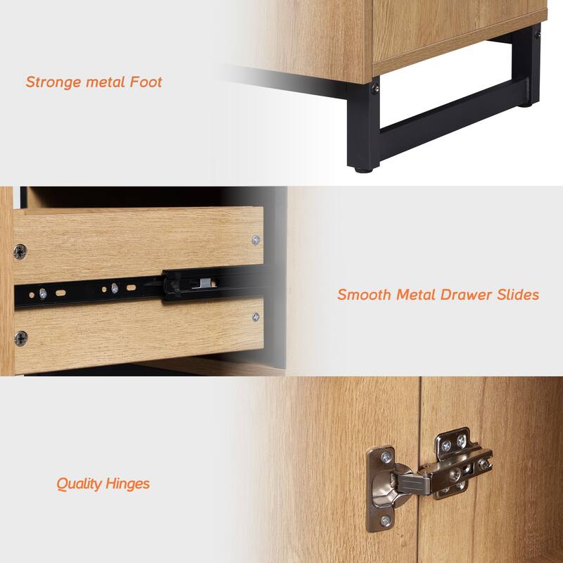 WAMPAT Modern Nightstand with 2 Drawers, Farmhouse BedsideTable with Black Square Iron Leg, Wood Rustic Side End Table