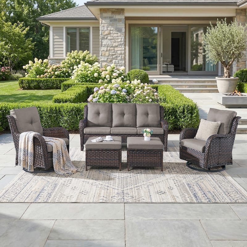 Pocassy Outdoor Patio Wciker Sofa Furniture Set of Chair Table. - Brown Wicker with Gray Cushion - 5-Piece Patio Sofa Swivel Chair w/ Ottomam