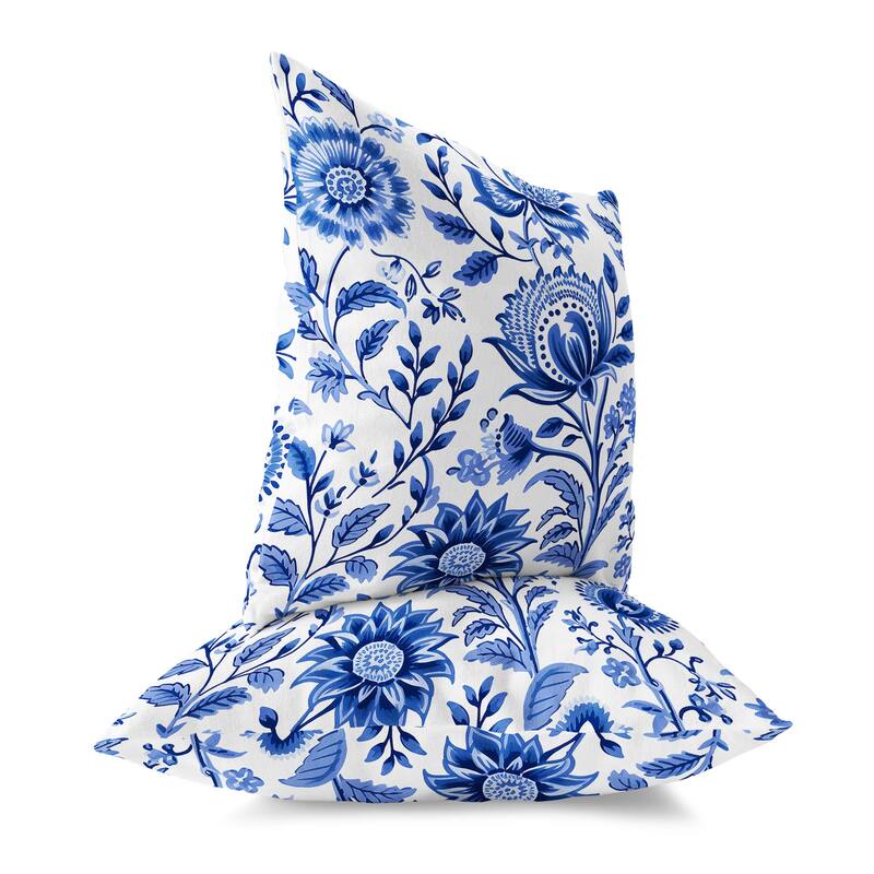 Blue And White Sanganeri Block Print Faux Suede Throw Pillow Zipper
