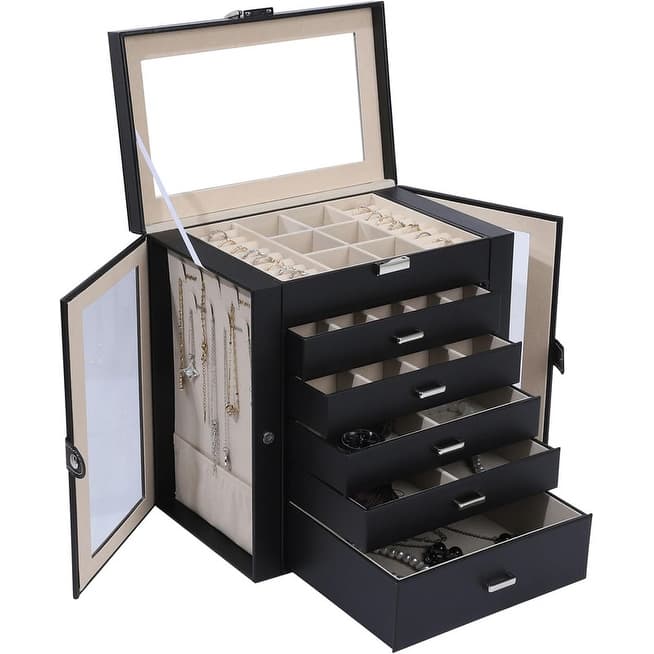 6 Layer Large Jewelry Organizer With Mirror - 6.6"D x 10.6"W x 11"H