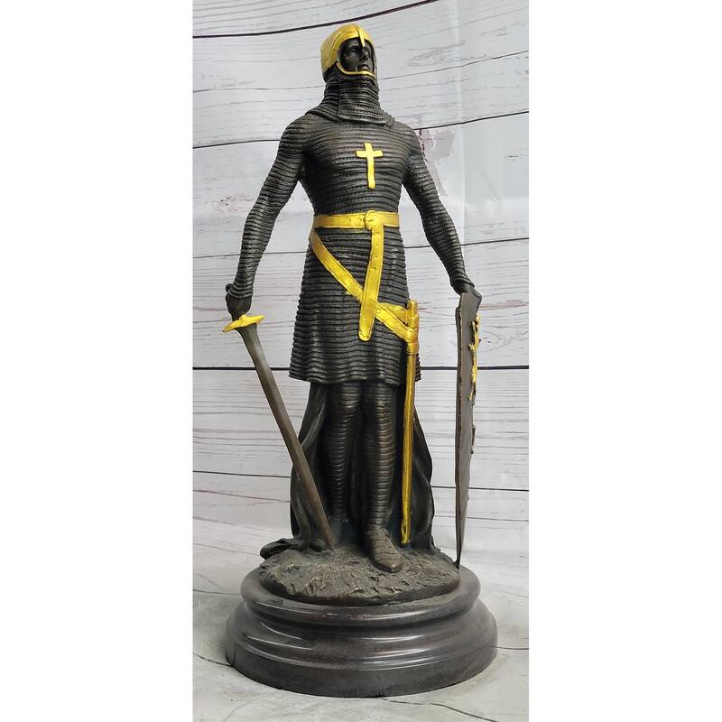 Medieval Templar Knight Crusader Soldier Warrior Bronze Sculpture Statue Figure Marble Base