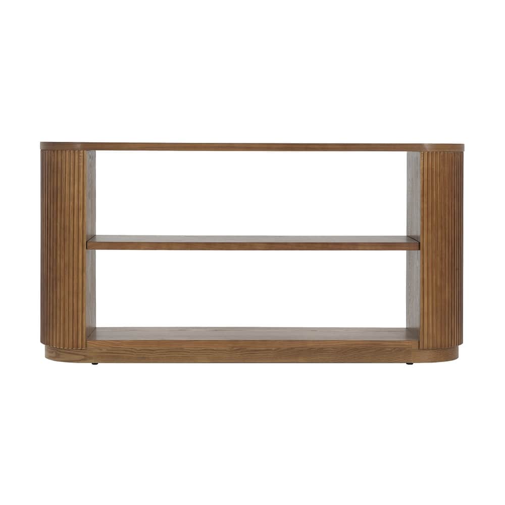 58.9" Wooden Entryway Console Table with Triple Tier Open Storage Shelves, Living Room Vertical Striped Sofa Table with Oval Top