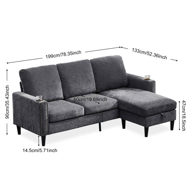 Modern Design Chenille 3 Seat L-Shape Sectional Sofa with Storage Chaise for Apartment, Studio, Office,Living Room,L shape