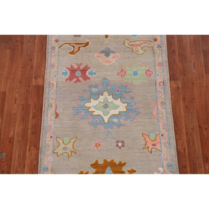 Hand Knotted Oriental 100% Wool Carpet Transitional Floral Greys & Charcoal Oushak Runner Rug - 9' 11'' X 2' 9''