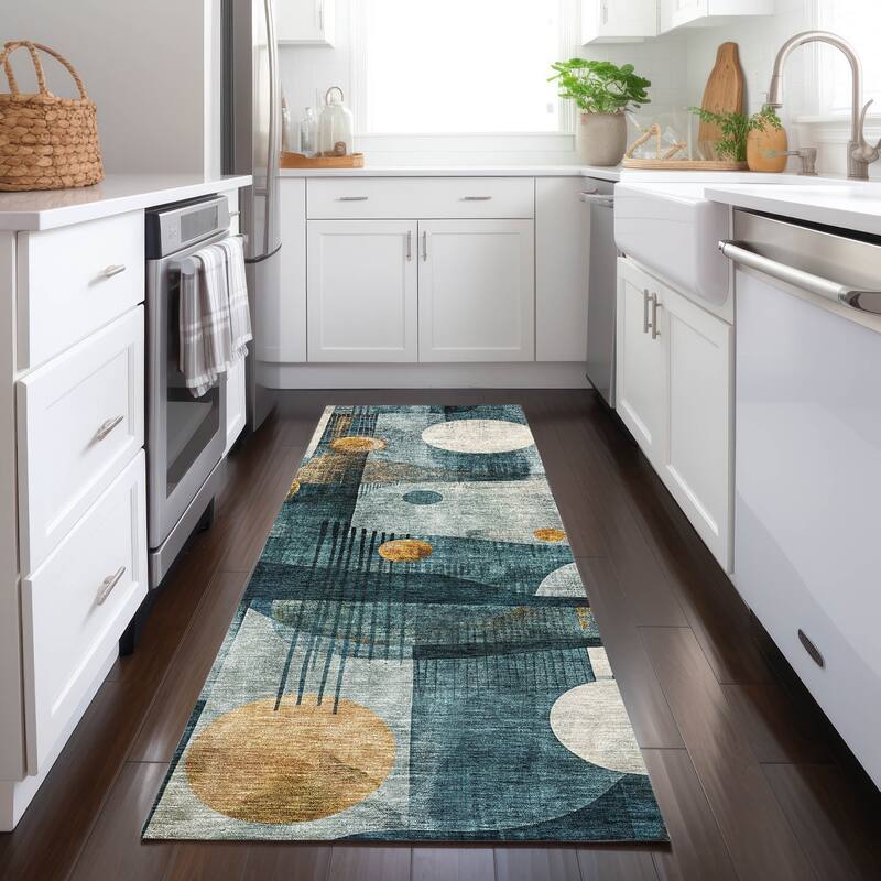 Machine Washable Indoor/ Outdoor Contemporary Deco Chantille Rug - Teal - 2'3" x 7'6"