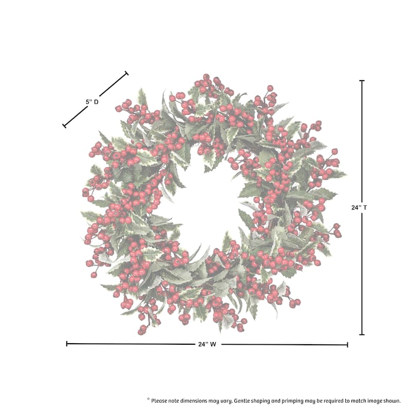 24" Berry Mixed Holly Wreath - Green Red - 24-Inch