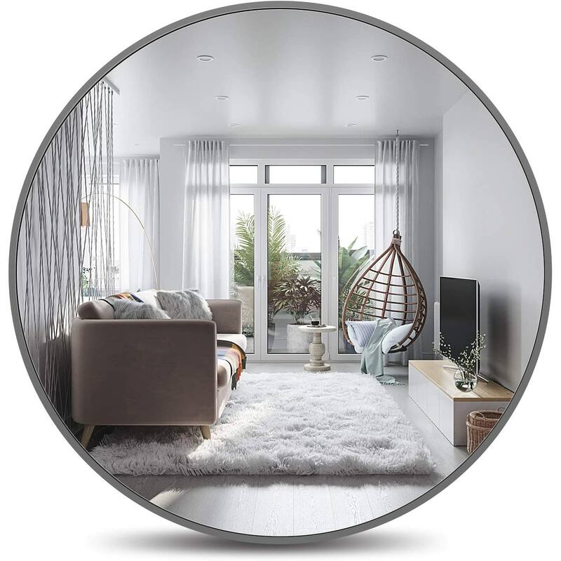 Wall Round Mirror 30'' Modern Brushed Metal Frame Wall-Mounted