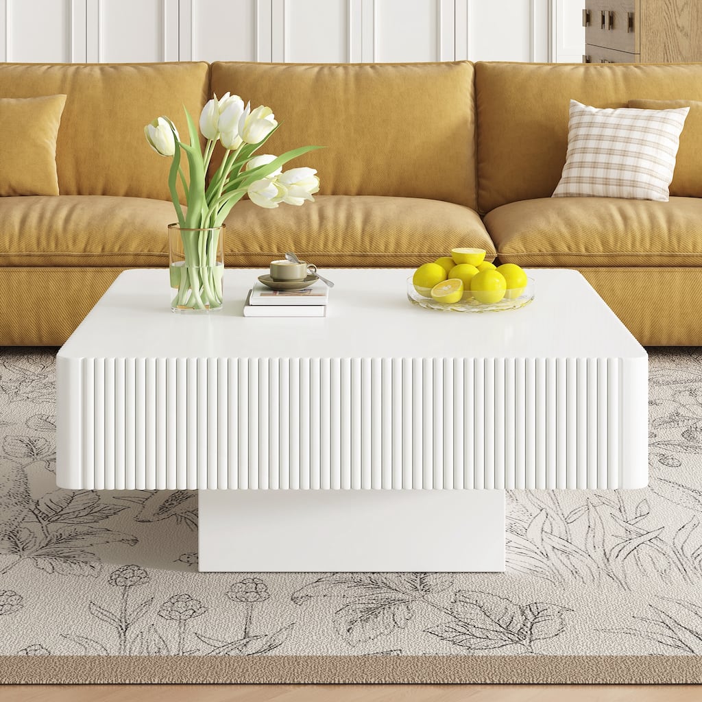 31.6" Elegant Square Fluted Coffee Table with 7.1" Thick Tabletop