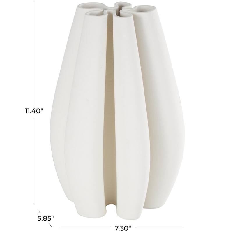 Ceramic Abstract Ribbed Dimensional Concaved Decorative Vase with Floral Shaped Rim - White - Roche River Decor
