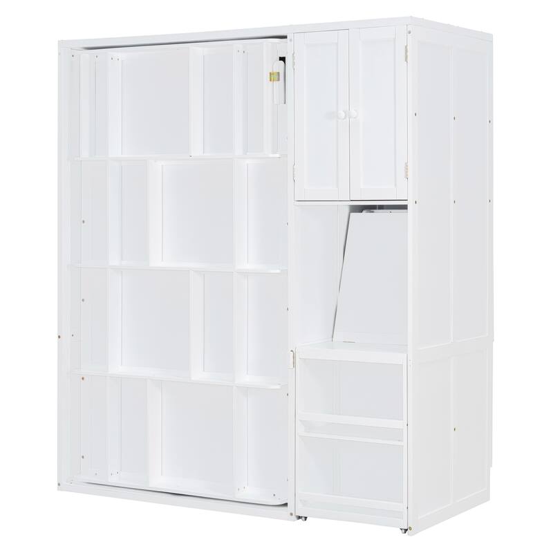 Twin Size Rotating Murphy Wall Bed with Bookshelf, Top Cabinet, Modern Foldable Cabinet Bed with Extendable Desk, Side Storage
