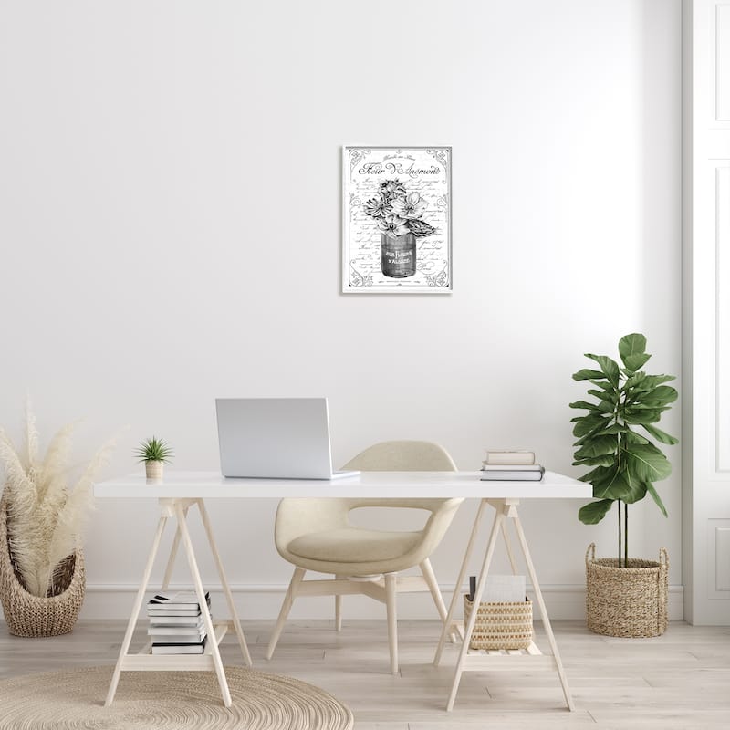 Stupell Anemone Flower French Text Fancy Floral Border Framed Wall Art, Design by Lettered and Lined - Grey
