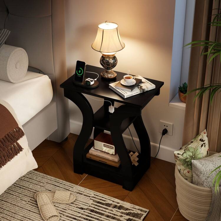 Set of 2 Engineered Wood 3-Tier Side Table with USB and Outlets - 19.5" x 12" x 24"