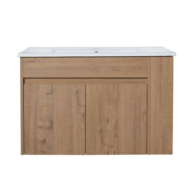 Compact Wall-Mounted Bathroom Vanity with Adjustable Open Shelf, 45° Inclined Handle Design - 29.13in L Plywood