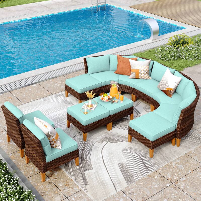 12-Seat Outdoor Wicker Half-Round Furniture Set, Half-Moon Sectional Sofa All Weather Curved Conversation Set - 11-Seat - Type R