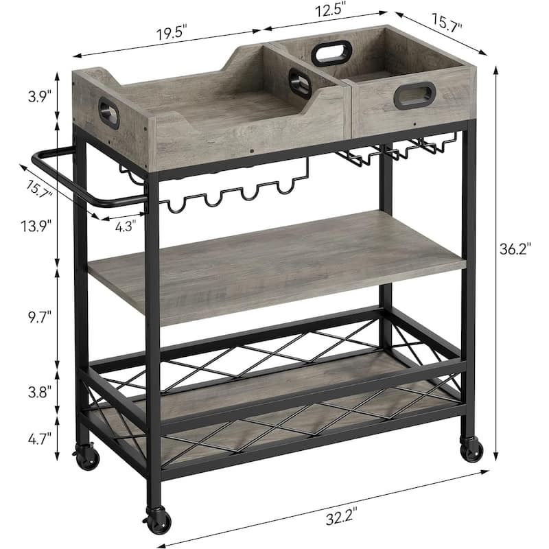 3 Tier Home Bar Serving Cart with Wine Rack and Glass Holders